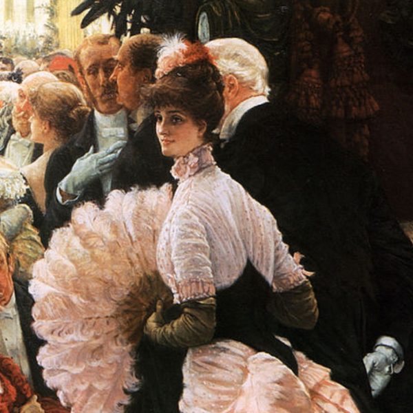 Painting of woman in pink dress with fan being watched at a ball