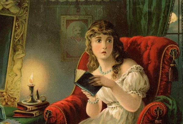 Colour print showing a scared woman reading by candlelight.