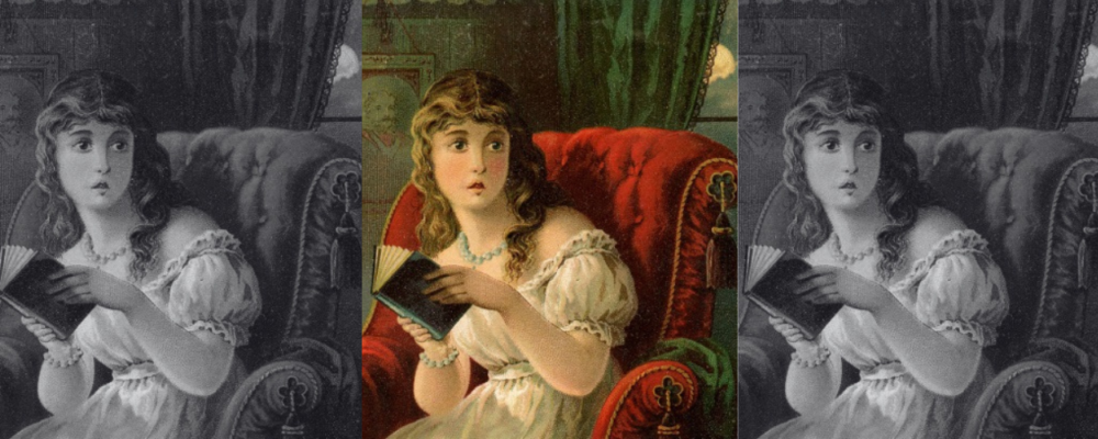 Three repeated pictures of scared woman reading by candle light