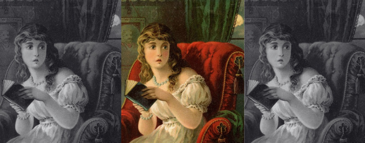 Three repeated pictures of scared woman reading by candle light