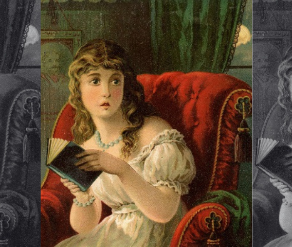 Three repeated pictures of scared woman reading by candle light