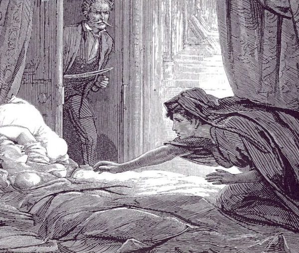 Illustration from Carmilla showing vampire lusting after sleeping woman with man entering room behind