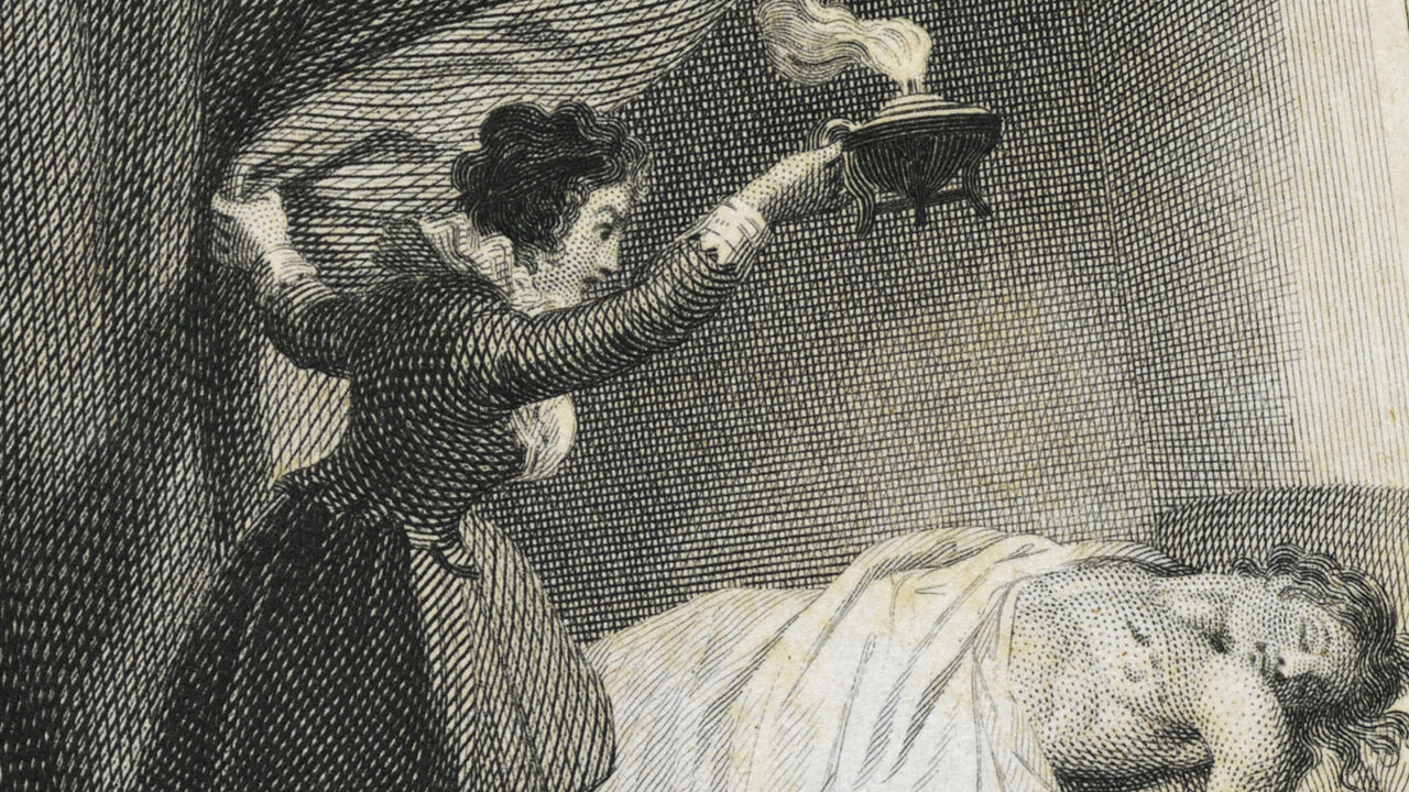 Print of woman finding dead body by candlelight