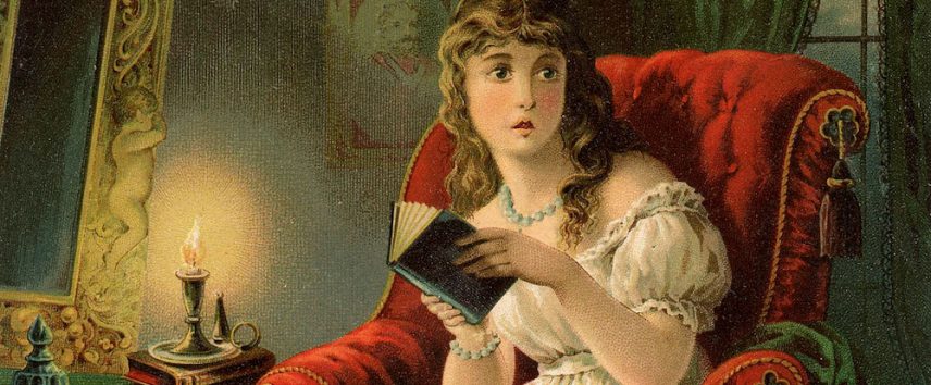 Coloured print of 19th century woman reading by candle light