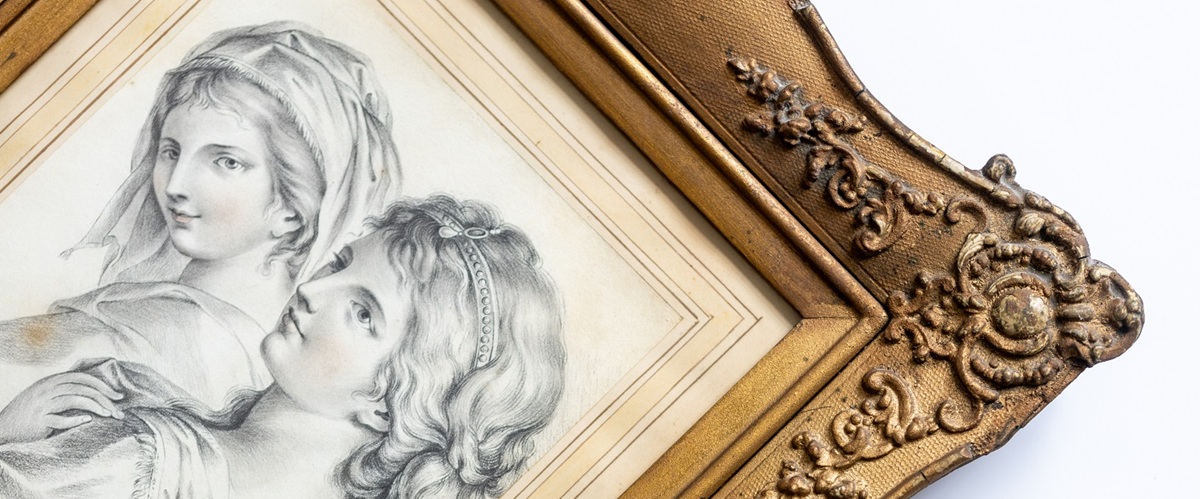 Drawing by Jane Austen's Sister Cassandra of two women in gold frame