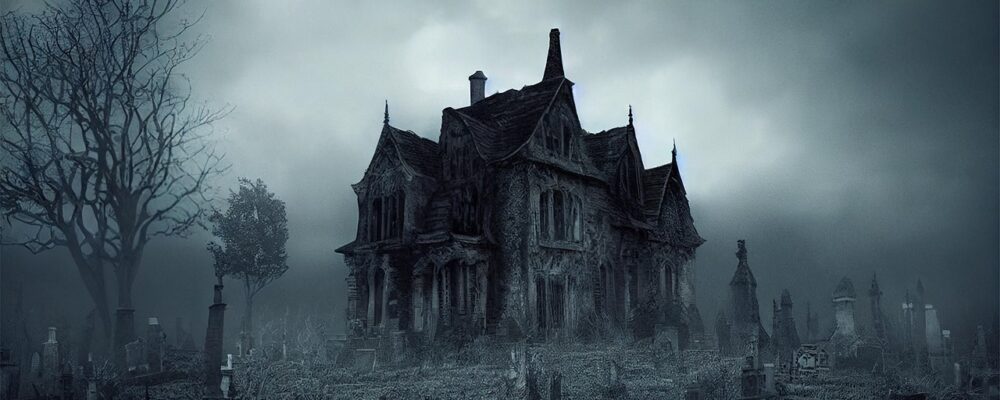 Gothic mansion with graveyard in dark