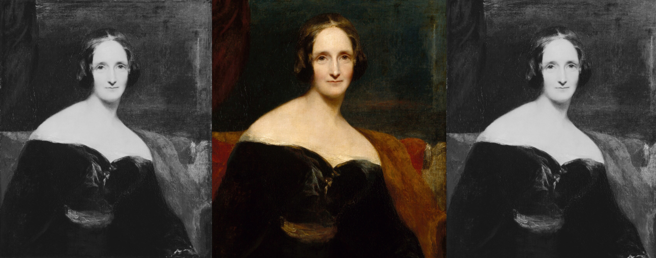 Mary Shelley portrait in colour and black and white