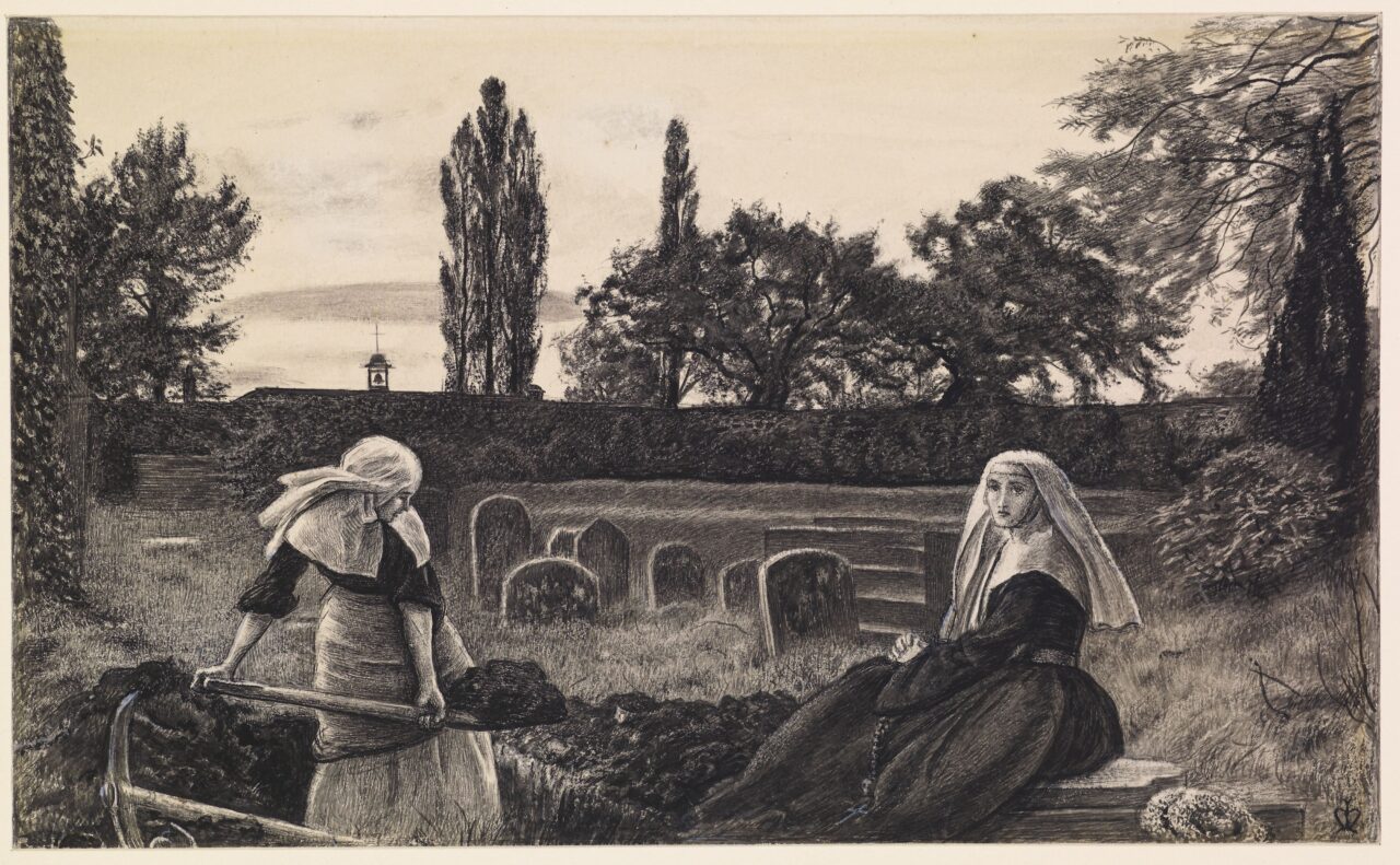 Two nuns digging a grave surrounded by trees and tombstones. one sits and looks at the viewer.