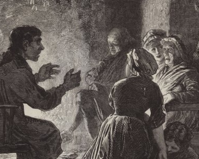 Print of story teller telling scary story by the fire