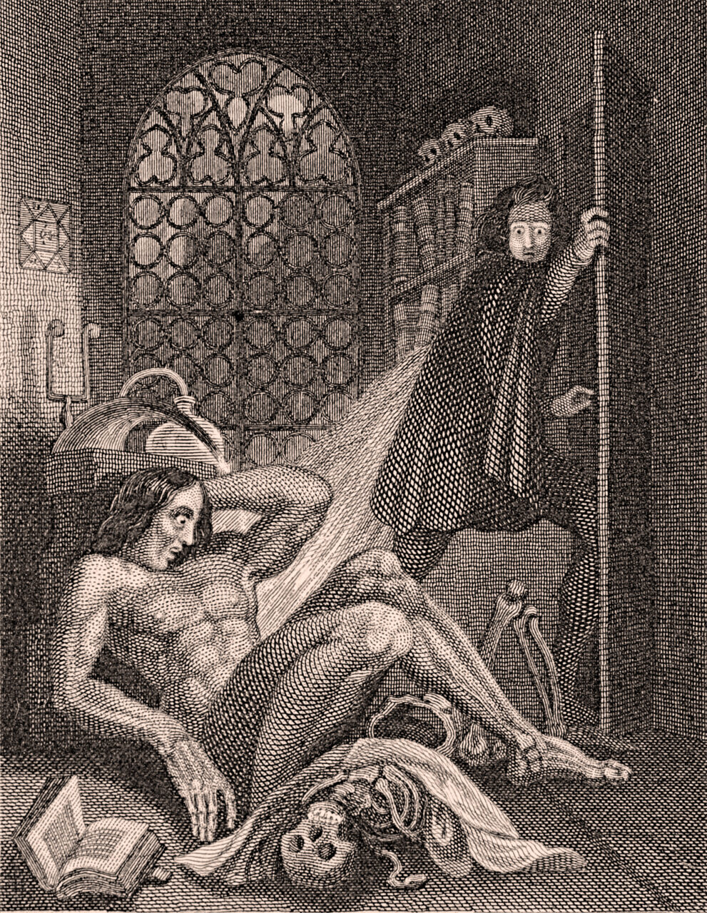Original Frontiscpiece to Frankenstein with monster on the floor and doctor at the door 